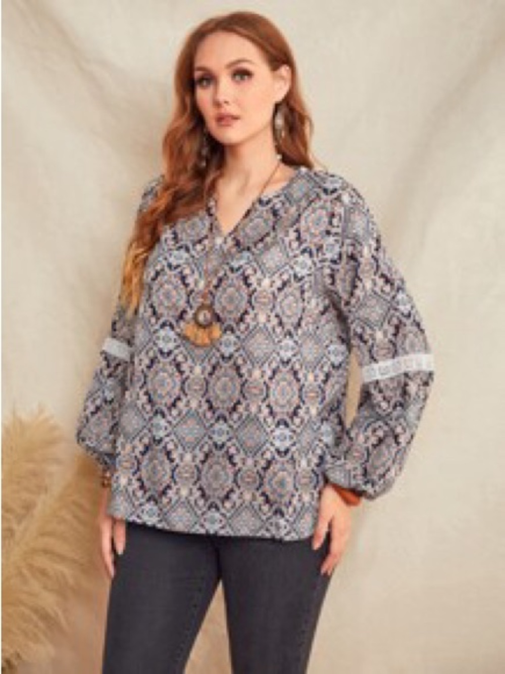 BOHO Printed V-Neck Long Sleeve Tunic Top w/ Crochet Detail Plus Size 3X 4X